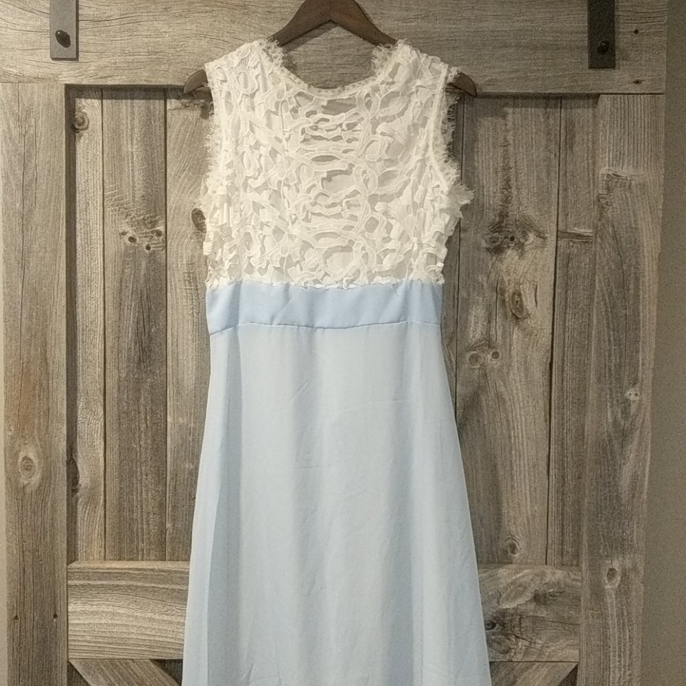 Women's long light blue dress with lace top